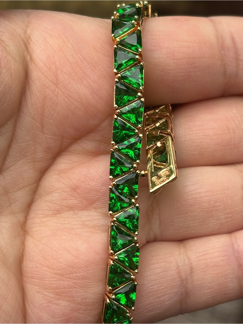 Vintage Emerald Green CZ Trillion Cut Tennis Bracelet 18K Gold Vermeil 7.5”